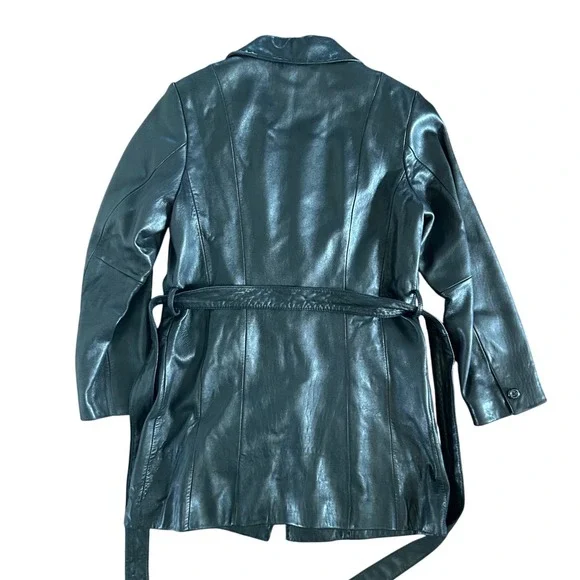 Vintage Preston & York Black Soft Leather‎ Long Trench Jacket Women's Medium - Picture 7 of 7
